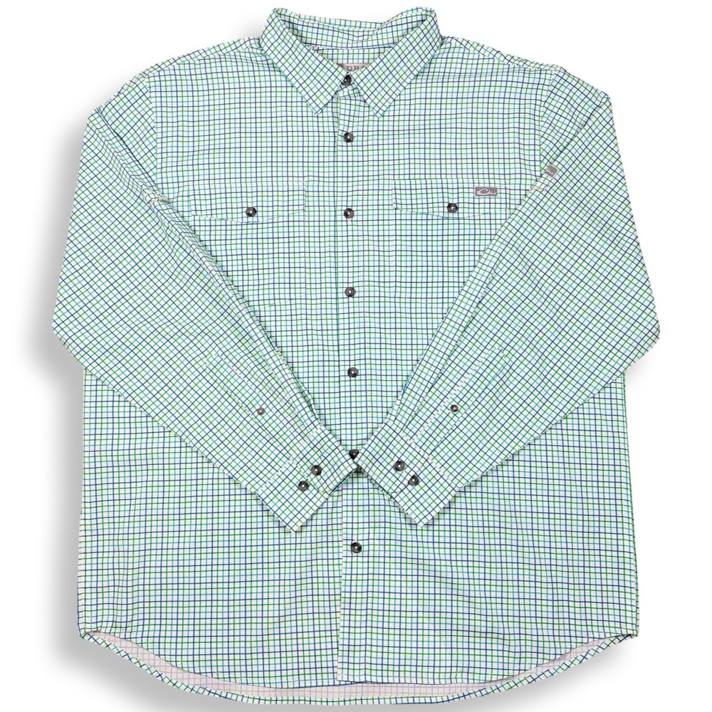 Drake Waterfowl Mens XL Green Blue Check Button Down Fishing Shirt Stretch